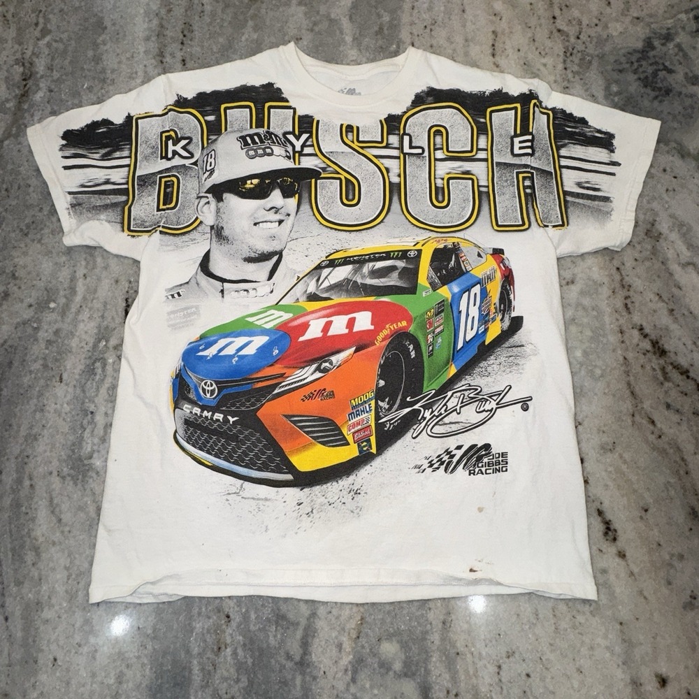 Kyle Busch T-shirt Men's Sz Large Nascar Double Sided Joe Gibbs Racing M&M 2017